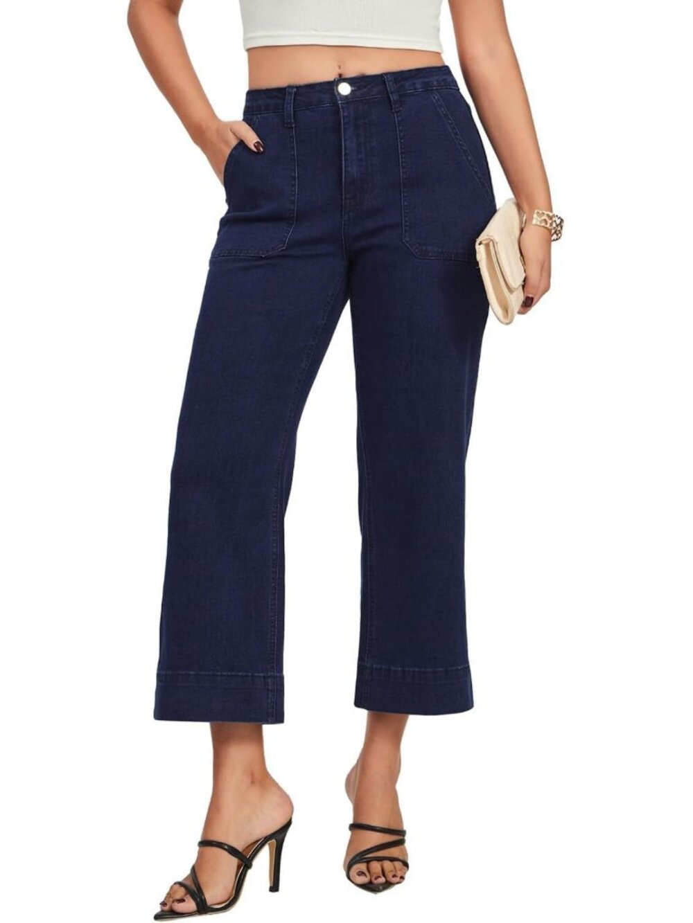 Trendy Wide Leg High Waisted Capri Jeans for Women - Cropped Stretchy Denim